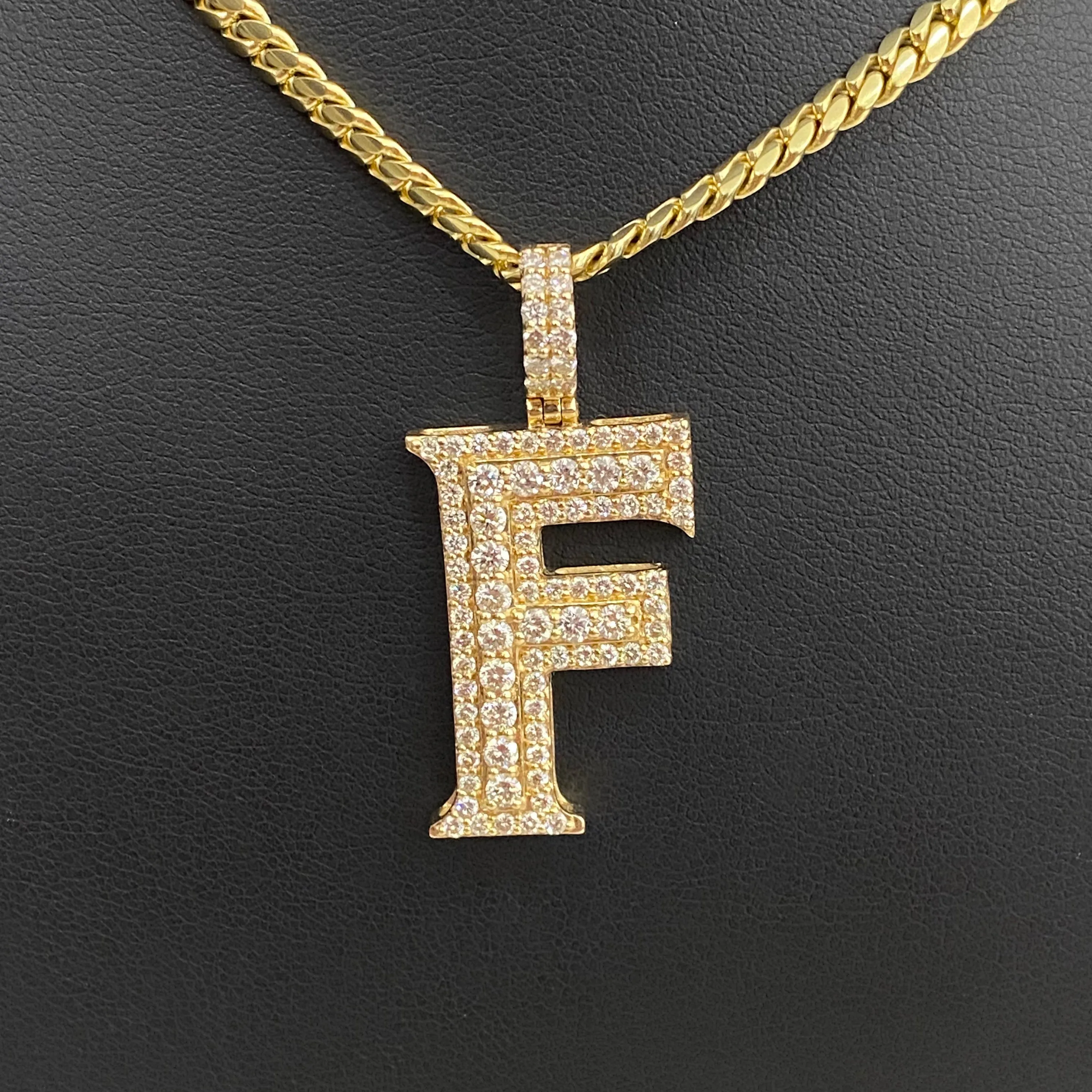 14K Yellow Gold Diamond Letter F Pendant 1.87Ct Dia / 5.3gr