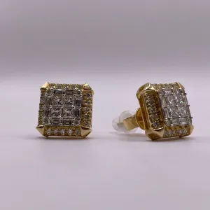 14K Yellow Gold Diamond Square Stud Earrings 1.3Ct / 4.4gr