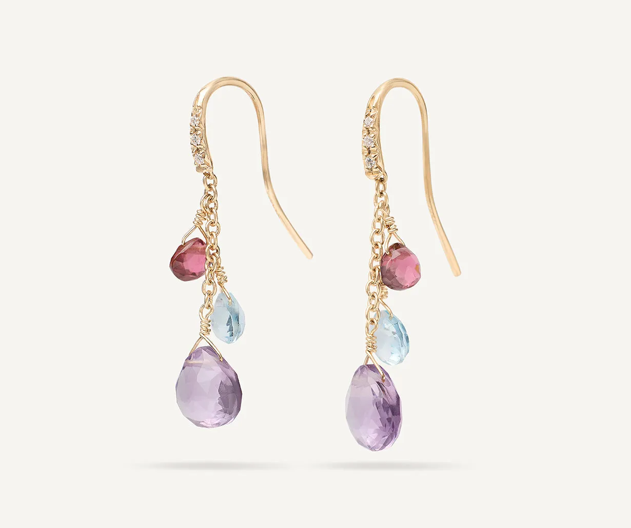 18K Yellow Gold Gemstone Earrings With Diamonds, Amethyst Accents