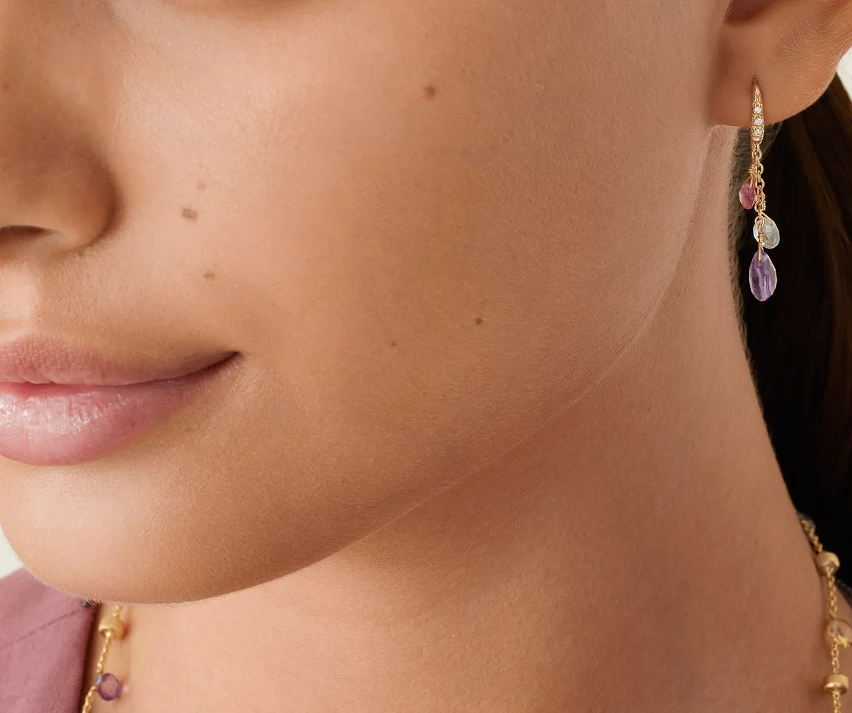 18K Yellow Gold Gemstone Earrings With Diamonds, Amethyst Accents