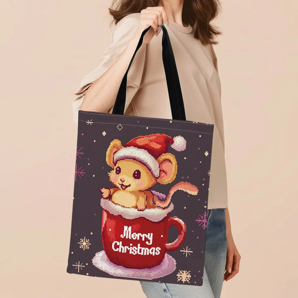 1pc Christmas Cute Mouse Printed Canvas Tote Bag, Women's Fashion Handbag, Durable Polyester, Machine Washable, Perfect for Shopping, Gifts for Friends & Family