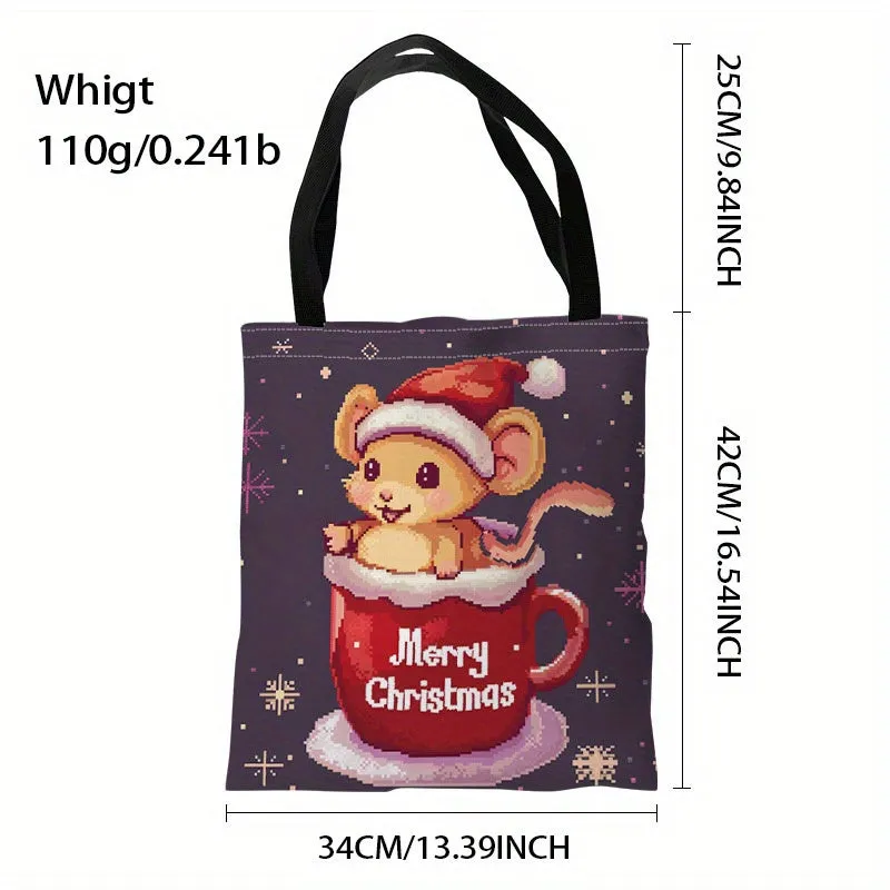 1pc Christmas Cute Mouse Printed Canvas Tote Bag, Women's Fashion Handbag, Durable Polyester, Machine Washable, Perfect for Shopping, Gifts for Friends & Family