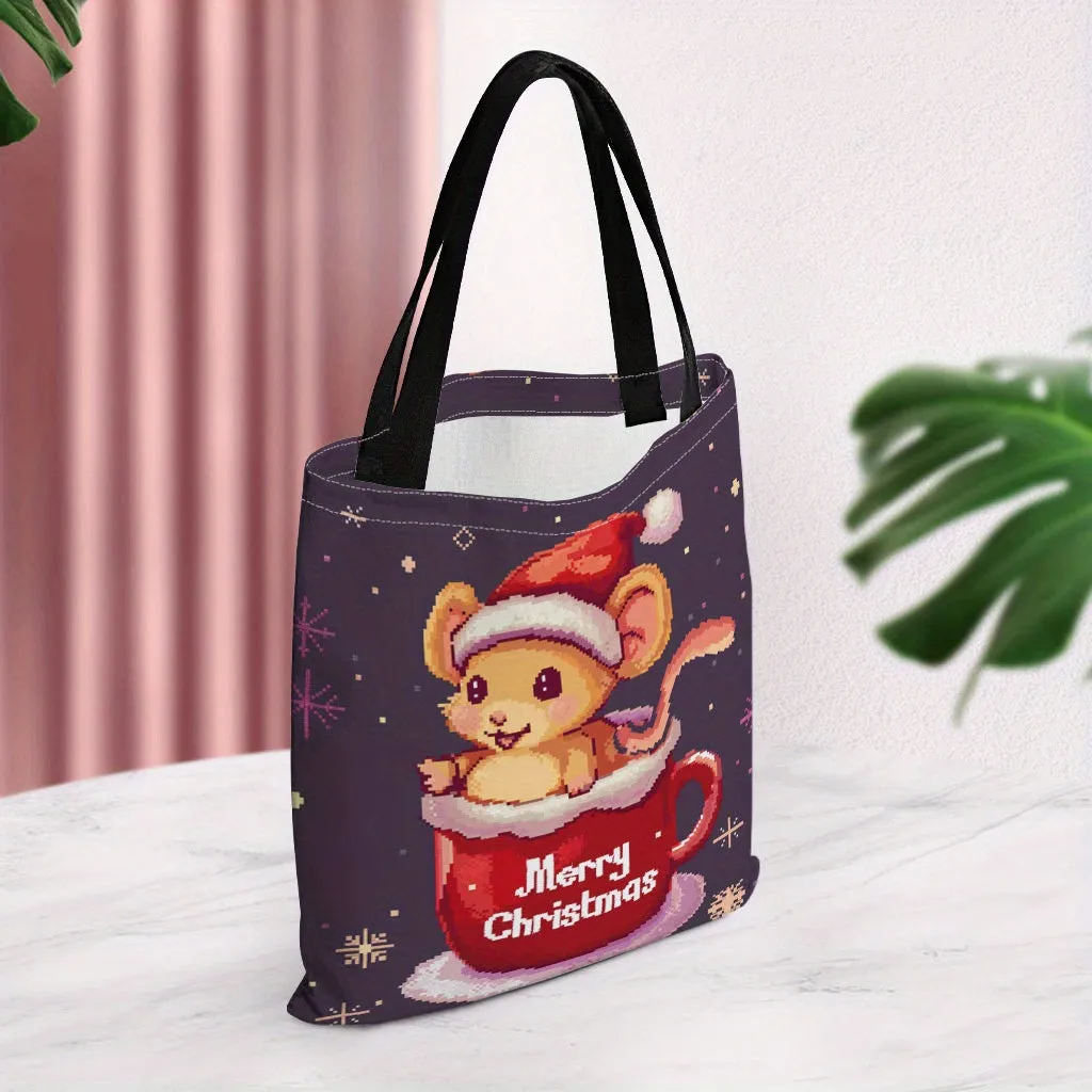 1pc Christmas Cute Mouse Printed Canvas Tote Bag, Women's Fashion Handbag, Durable Polyester, Machine Washable, Perfect for Shopping, Gifts for Friends & Family