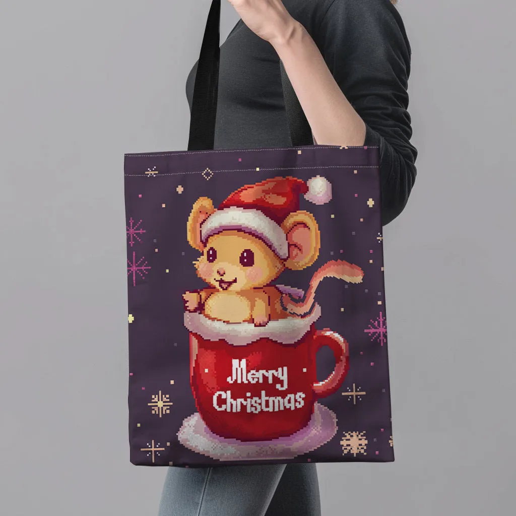 1pc Christmas Cute Mouse Printed Canvas Tote Bag, Women's Fashion Handbag, Durable Polyester, Machine Washable, Perfect for Shopping, Gifts for Friends & Family