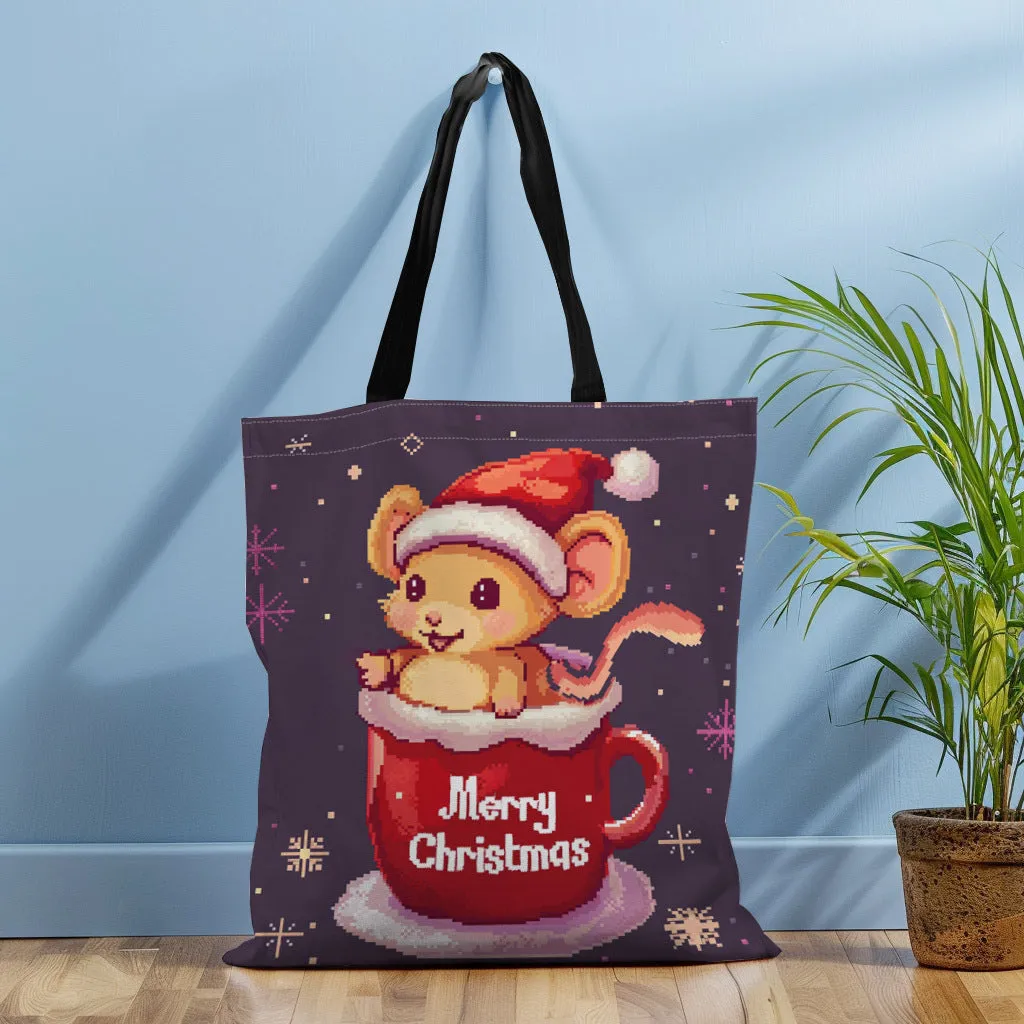 1pc Christmas Cute Mouse Printed Canvas Tote Bag, Women's Fashion Handbag, Durable Polyester, Machine Washable, Perfect for Shopping, Gifts for Friends & Family