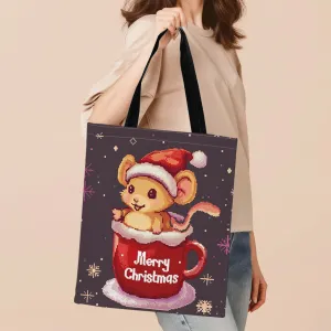 1pc Christmas Cute Mouse Printed Canvas Tote Bag, Women's Fashion Handbag, Durable Polyester, Machine Washable, Perfect for Shopping, Gifts for Friends & Family