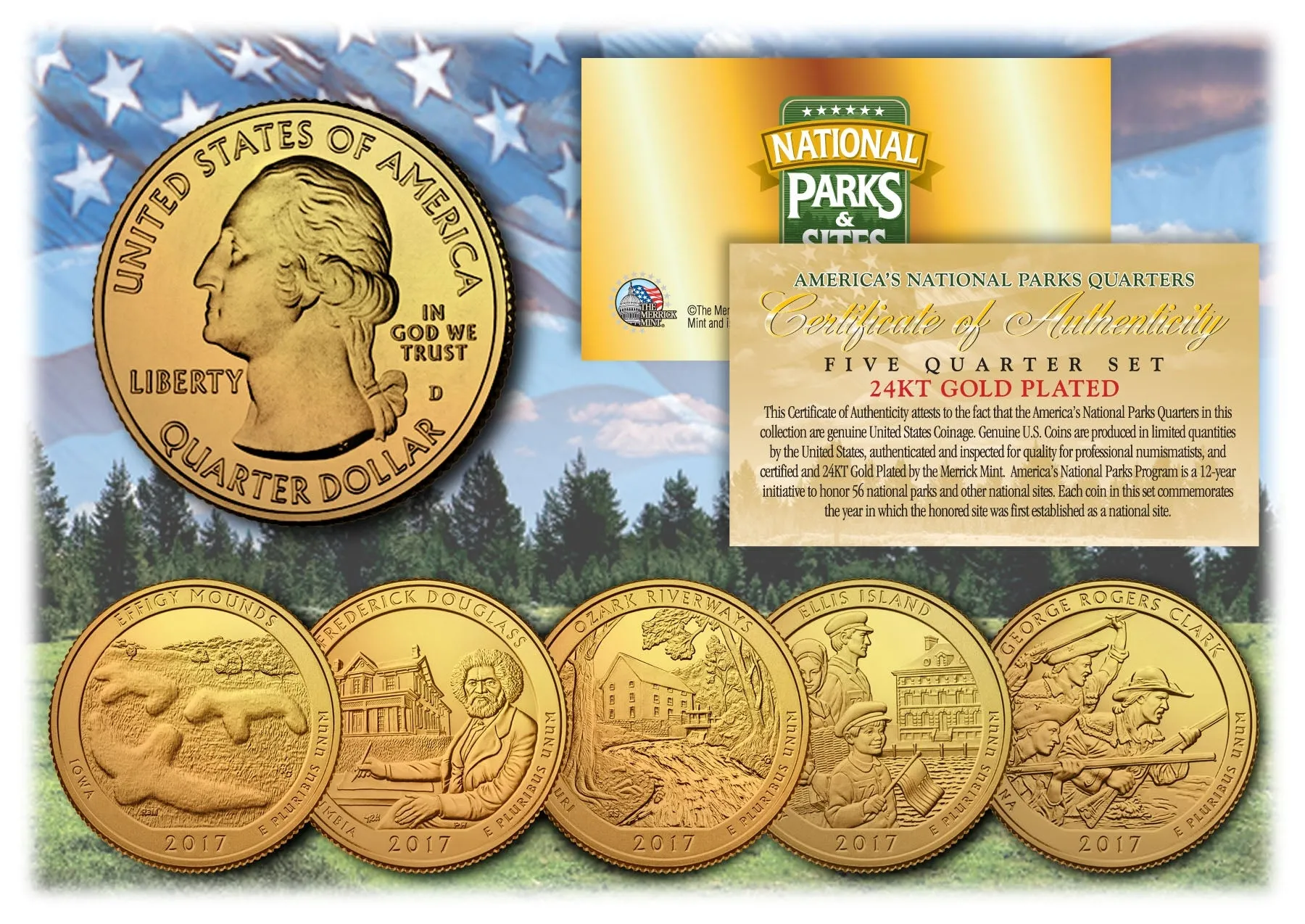 2017 America The Beautiful 24K GOLD PLATED Quarters U.S. Parks 5-Coin Set with Capsules