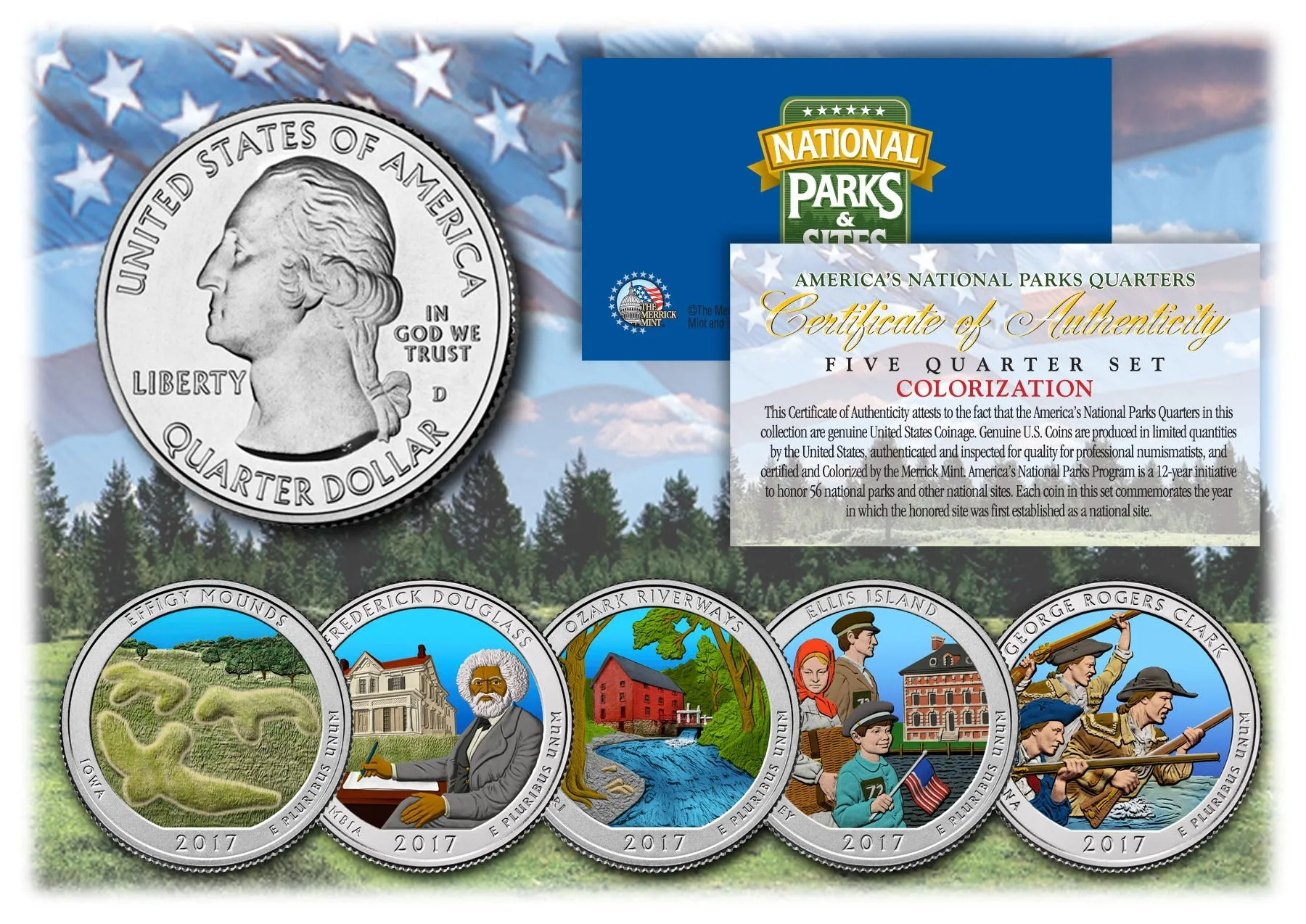 2017 America The Beautiful COLORIZED Quarters U.S. Parks 5-Coin Set with Capsules