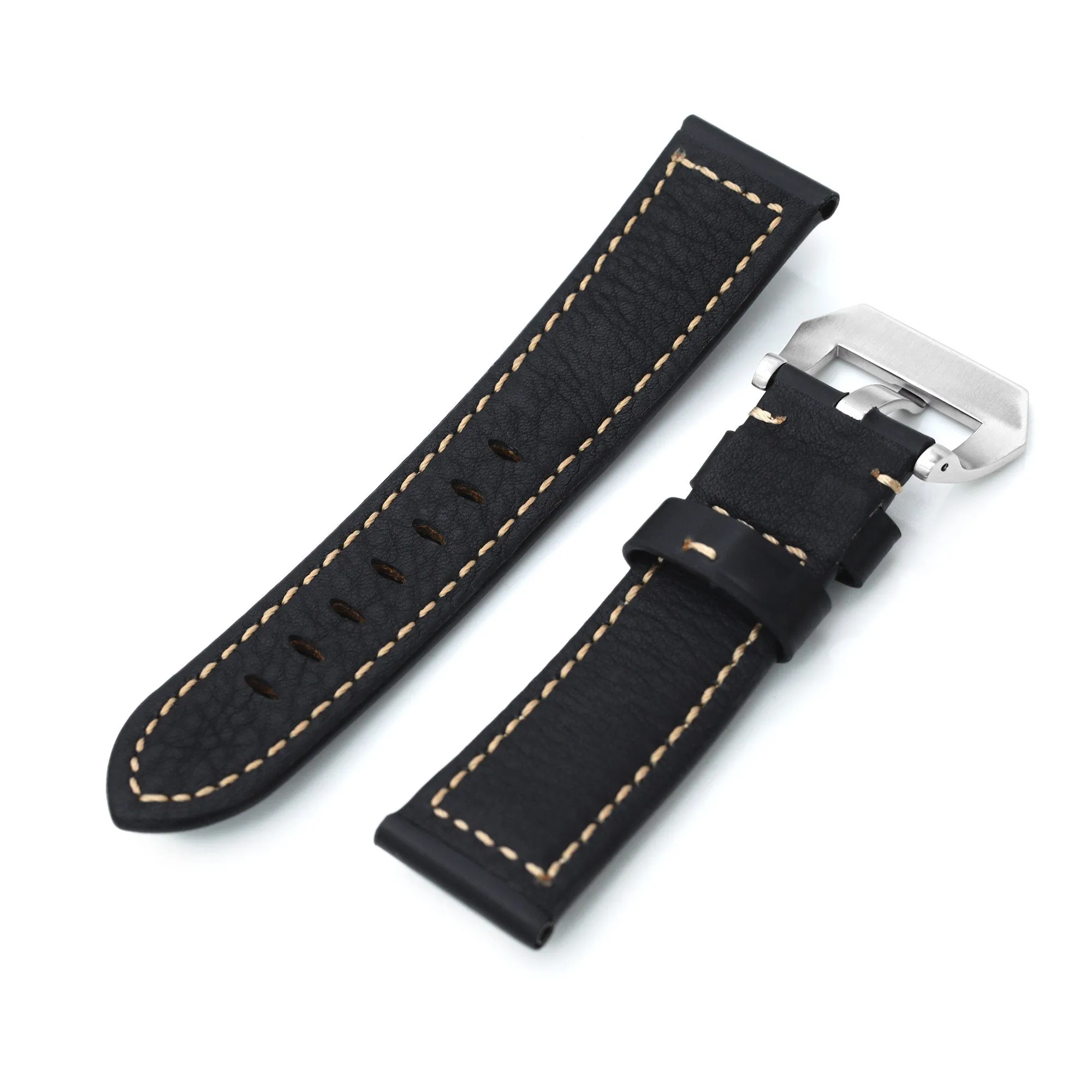 22mm or 24mm Black Smooth Leather Tapered Strap, Brushed