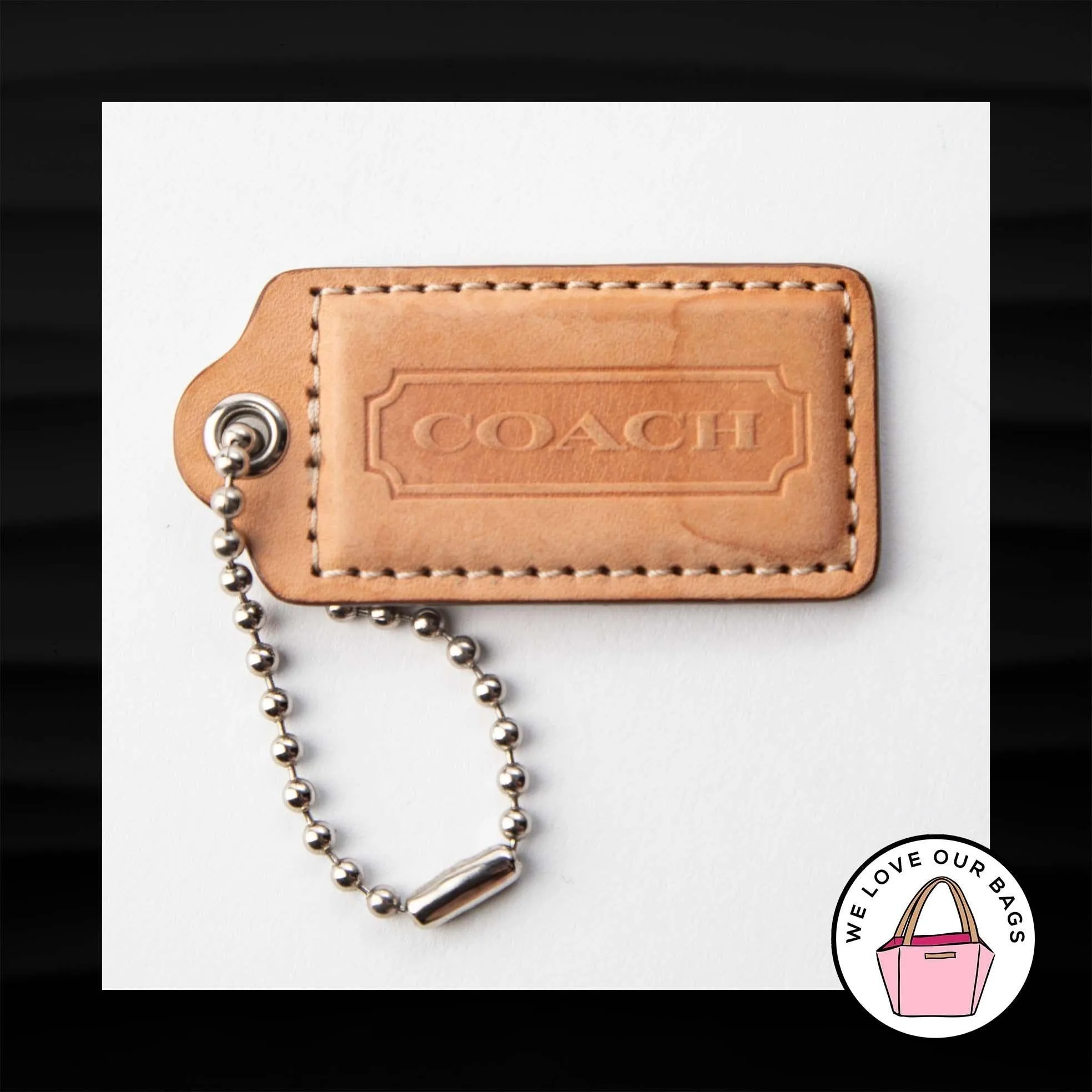 2.5" Large COACH TAN WHITE LEATHER KEY FOB BAG CHARM KEYCHAIN HANGTAG TAG