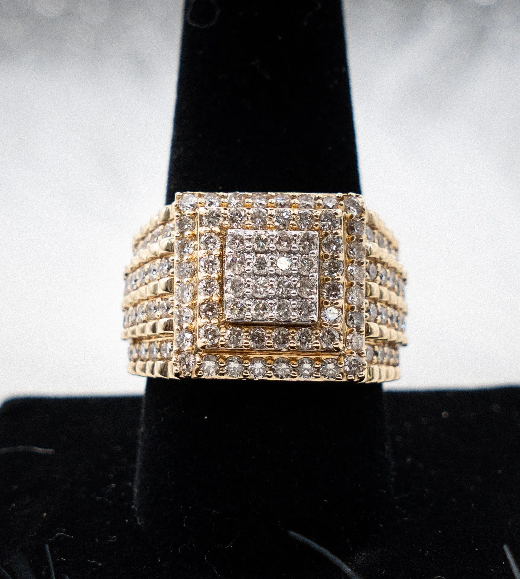 3D Square Ring 14K Yellow Gold With Diamonds / 14.5gr / Size 10.5