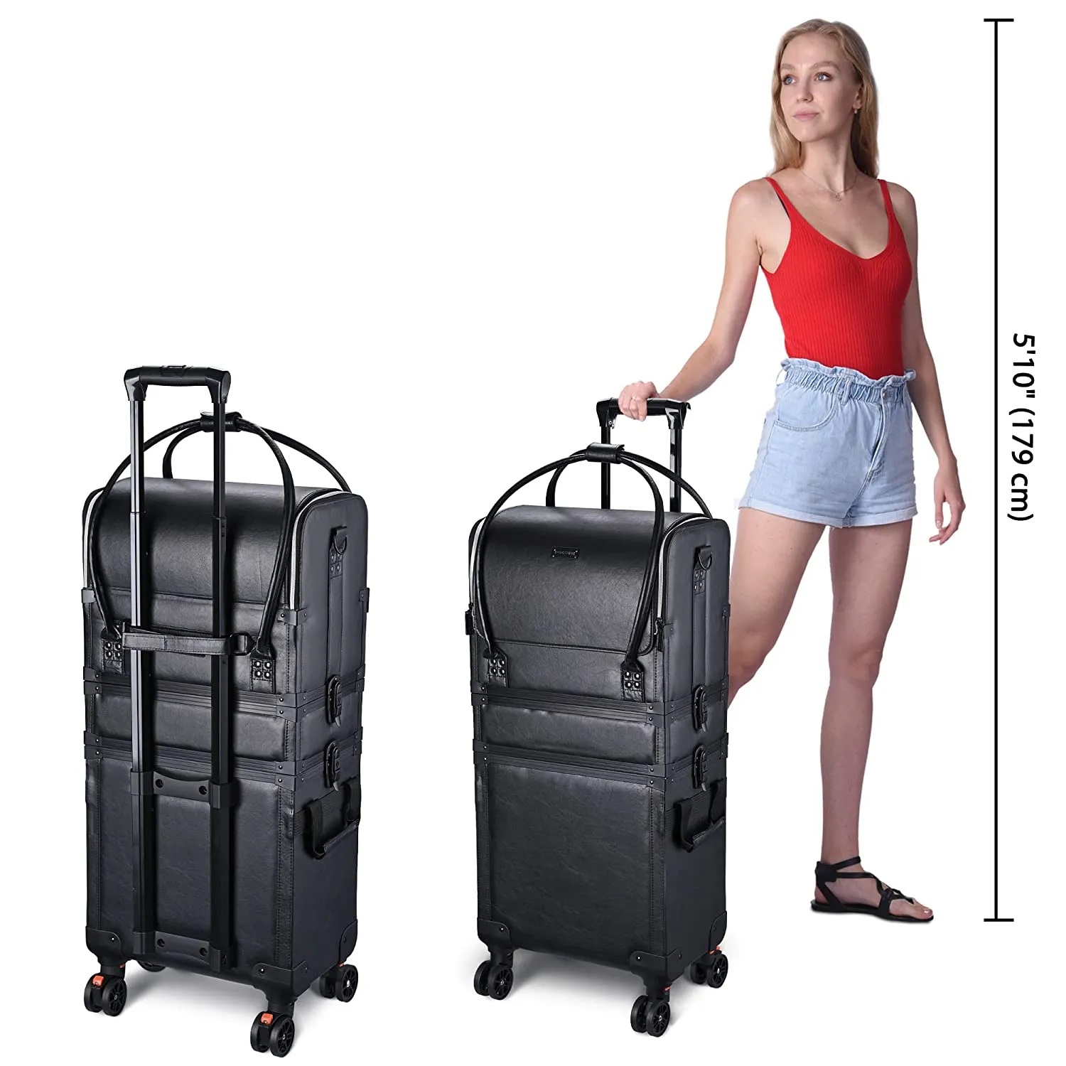 3in1 Leather Makeup Artist Travel Train Case Lockable Rolling Cosmetic Trolley with Removable Belt Organizer Storage Hand Bag Black