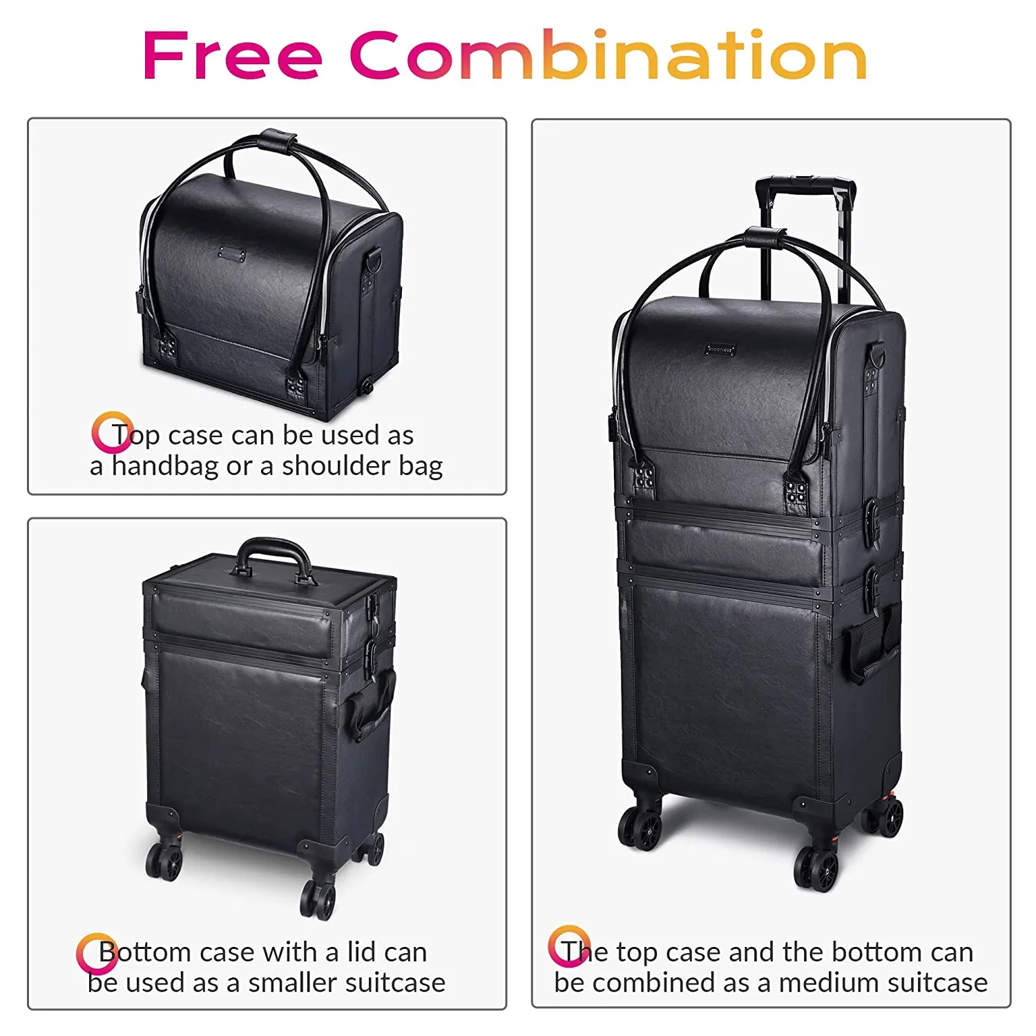 3in1 Leather Makeup Artist Travel Train Case Lockable Rolling Cosmetic Trolley with Removable Belt Organizer Storage Hand Bag Black