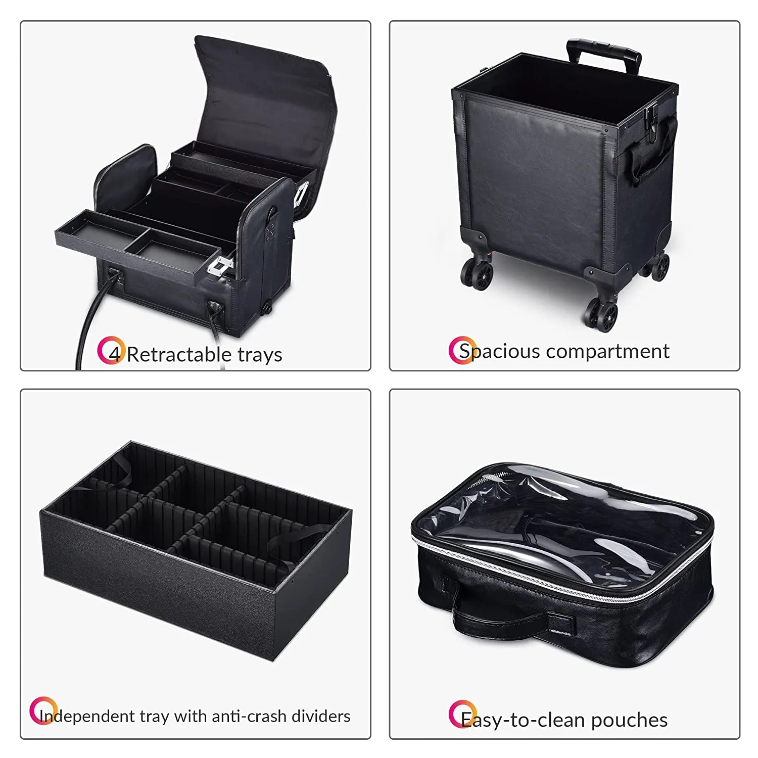 3in1 Leather Makeup Artist Travel Train Case Lockable Rolling Cosmetic Trolley with Removable Belt Organizer Storage Hand Bag Black