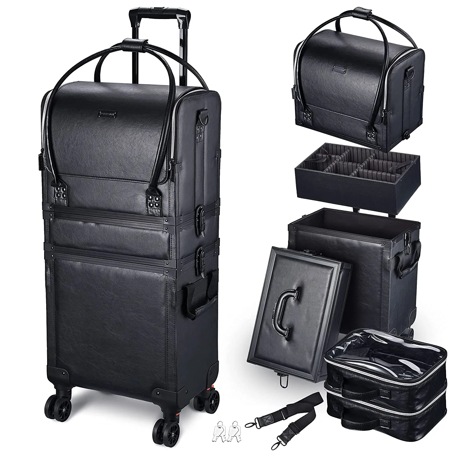 3in1 Leather Makeup Artist Travel Train Case Lockable Rolling Cosmetic Trolley with Removable Belt Organizer Storage Hand Bag Black