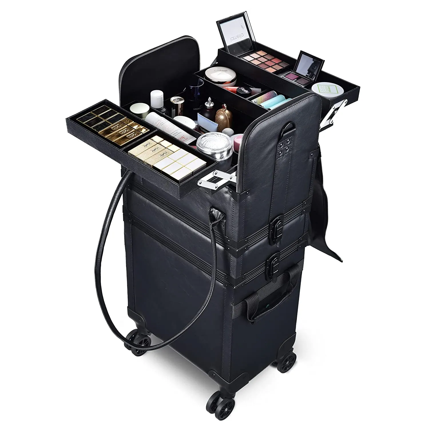 3in1 Leather Makeup Artist Travel Train Case Lockable Rolling Cosmetic Trolley with Removable Belt Organizer Storage Hand Bag Black