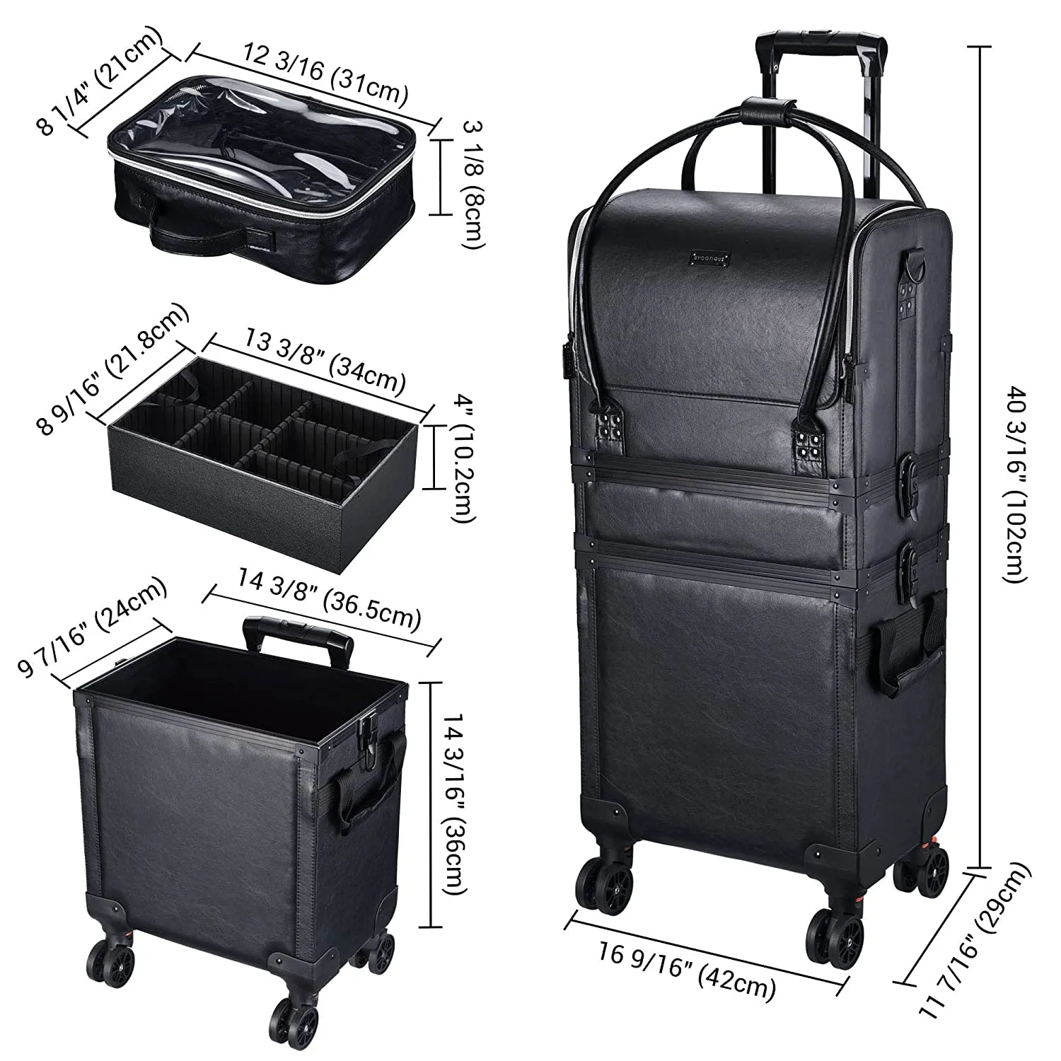 3in1 Leather Makeup Artist Travel Train Case Lockable Rolling Cosmetic Trolley with Removable Belt Organizer Storage Hand Bag Black