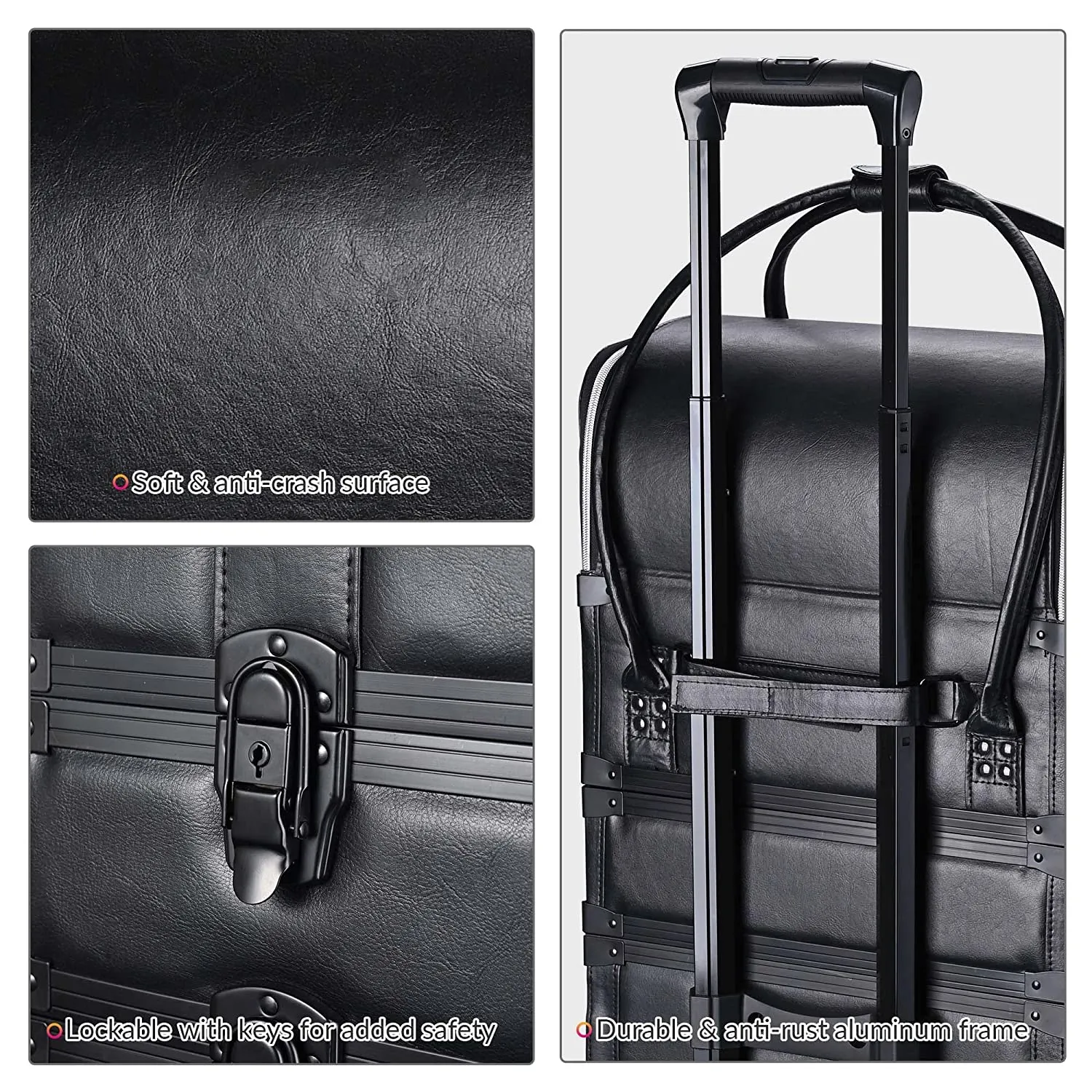 3in1 Leather Makeup Artist Travel Train Case Lockable Rolling Cosmetic Trolley with Removable Belt Organizer Storage Hand Bag Black