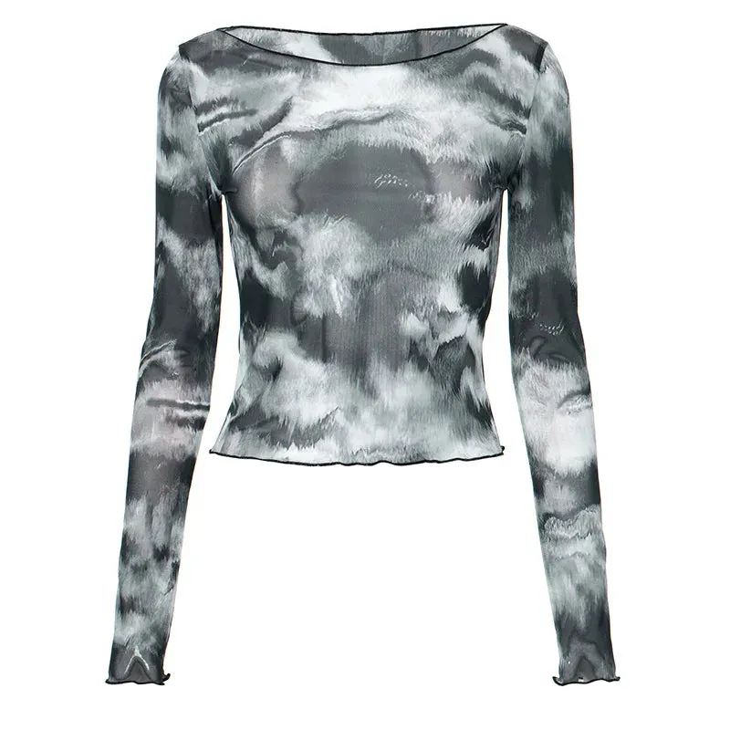 Abstract Black Printed Mesh Tshirts Women Autum 2024 Fashion Sexy Y2k See Through Long Sleeve Crop Tops P85-AG10