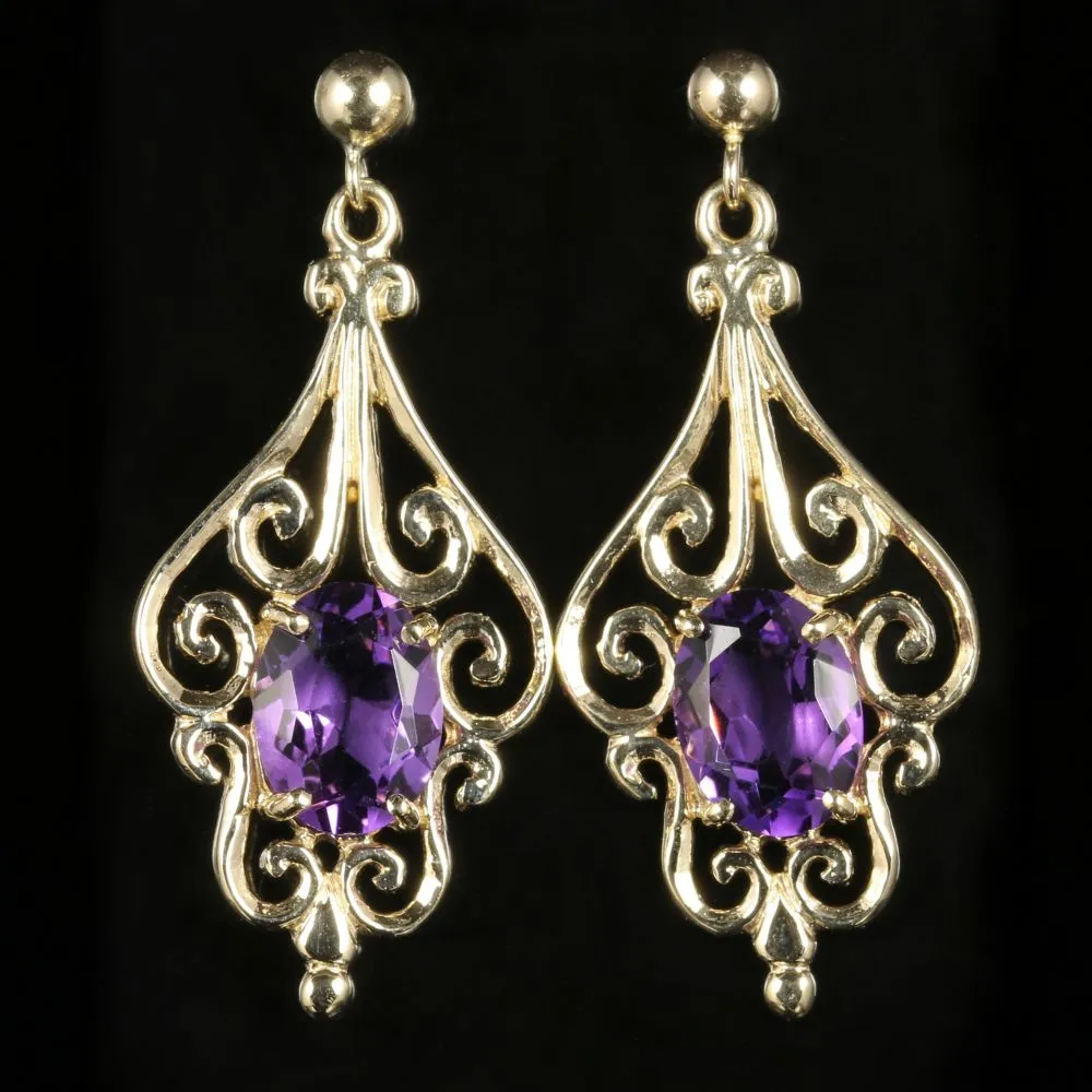 Amethyst Gold Earrings 9Ct Gold Fancy Design