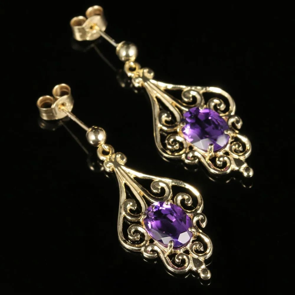 Amethyst Gold Earrings 9Ct Gold Fancy Design