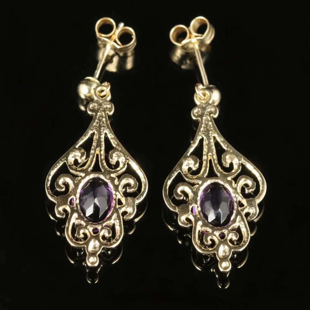 Amethyst Gold Earrings 9Ct Gold Fancy Design