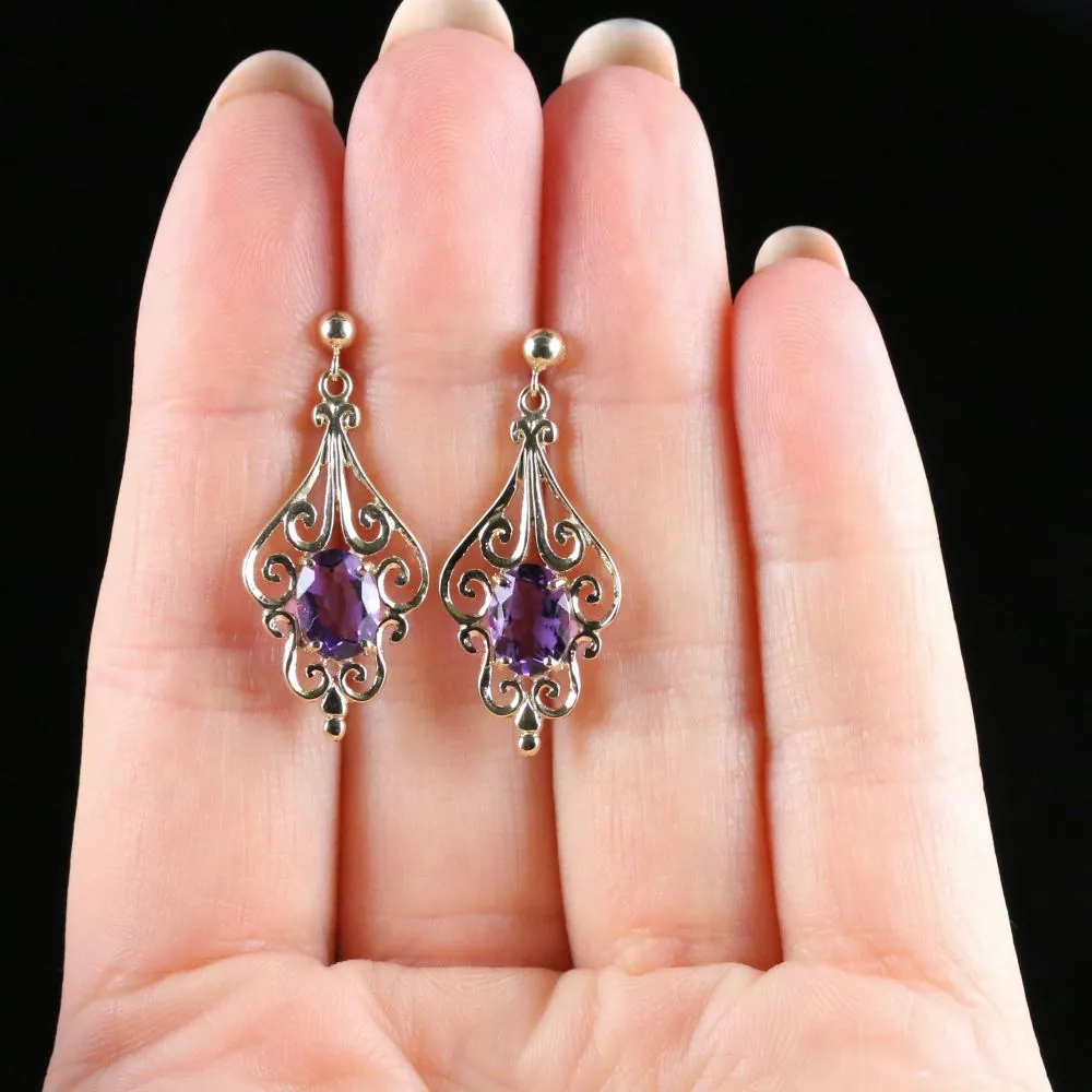 Amethyst Gold Earrings 9Ct Gold Fancy Design