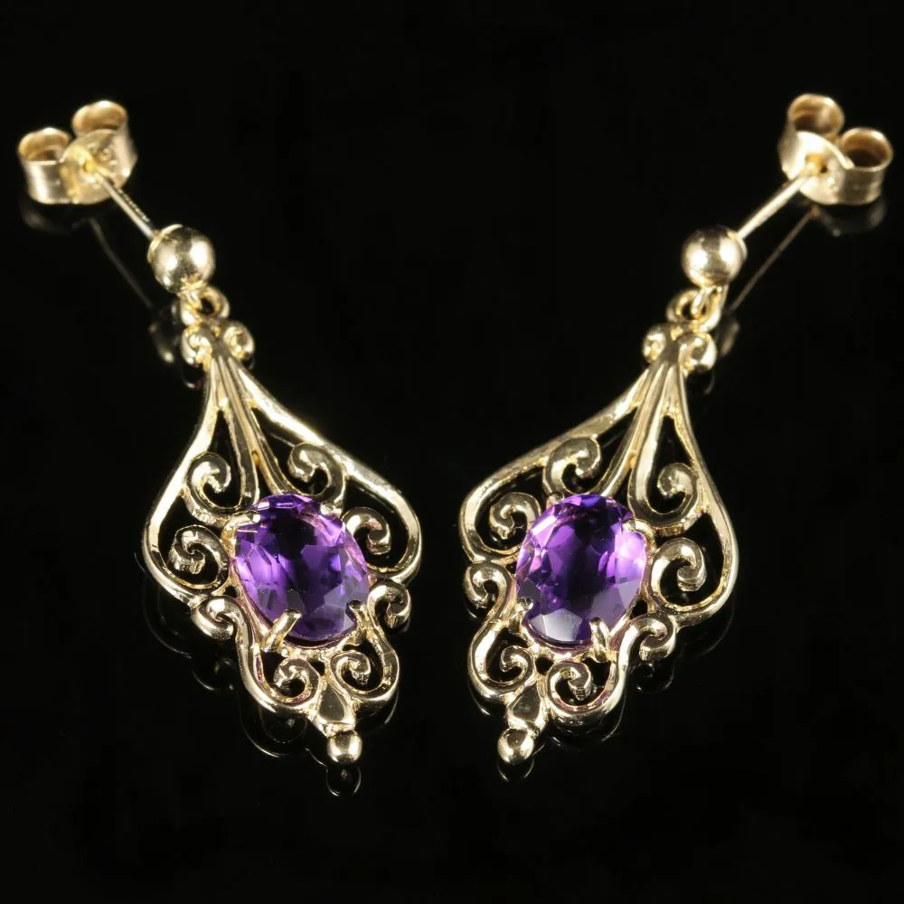 Amethyst Gold Earrings 9Ct Gold Fancy Design