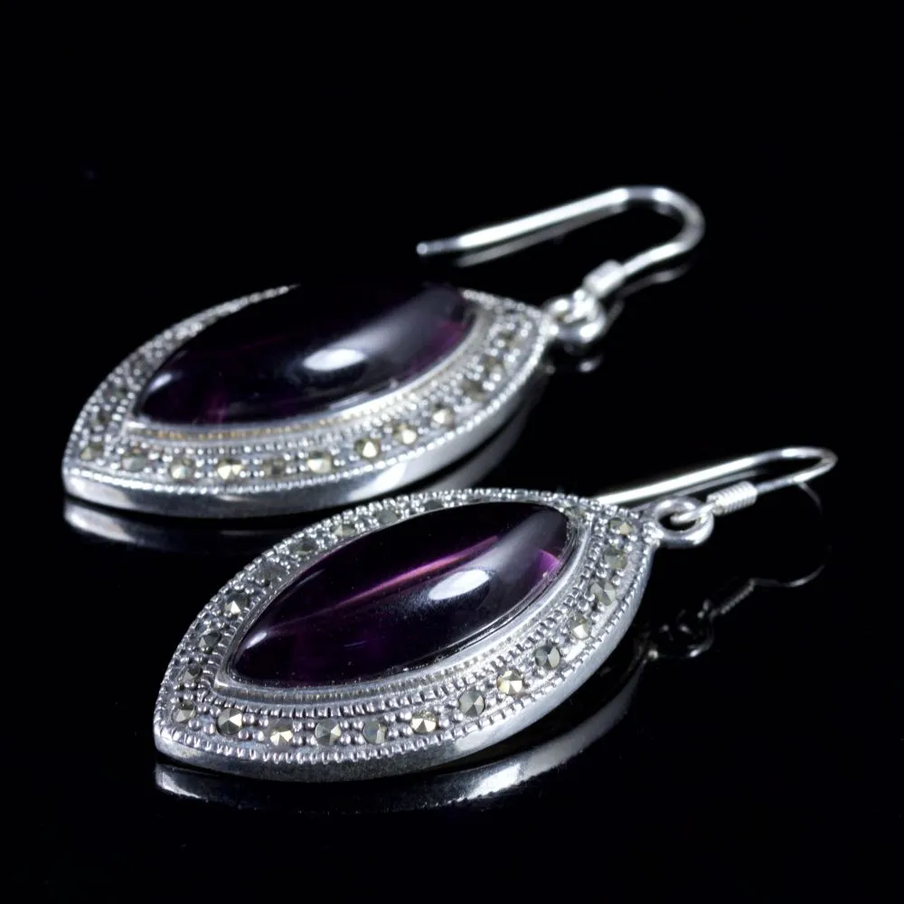 Amethyst Marcasite Long Earrings Sterling Silver