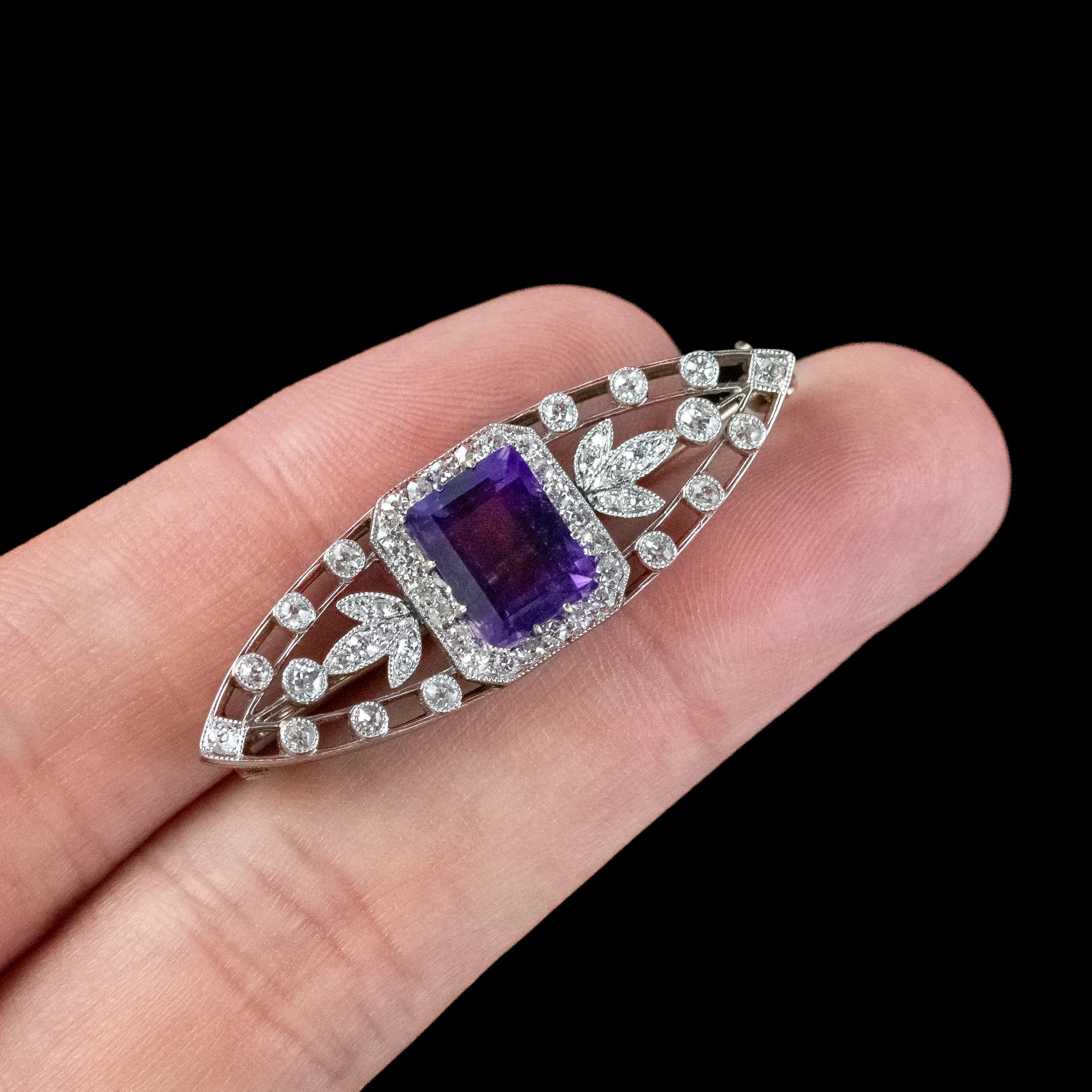 Antique Art Deco Amethyst Diamond Brooch 3.8ct Amethyst