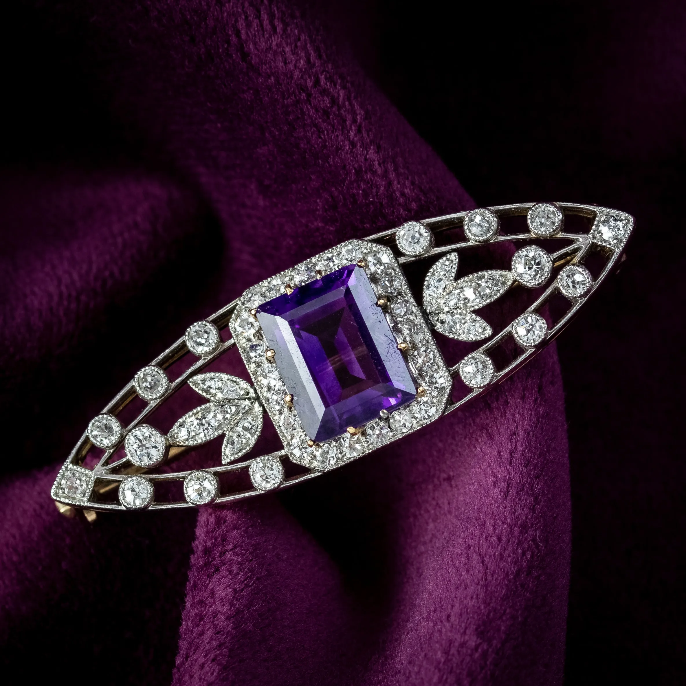 Antique Art Deco Amethyst Diamond Brooch 3.8ct Amethyst