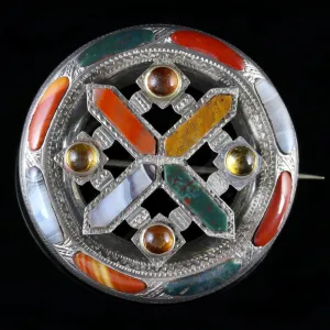 Antique Scottish Celtic Agate Citrine Brooch Circa 1860