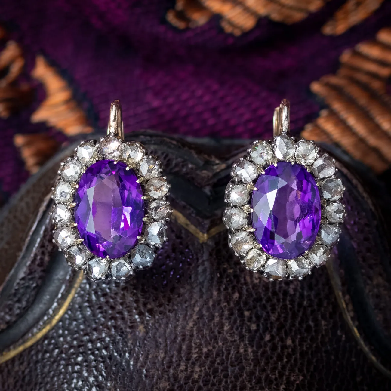 Antique Victorian Amethyst Diamond Cluster Earrings 18ct Gold