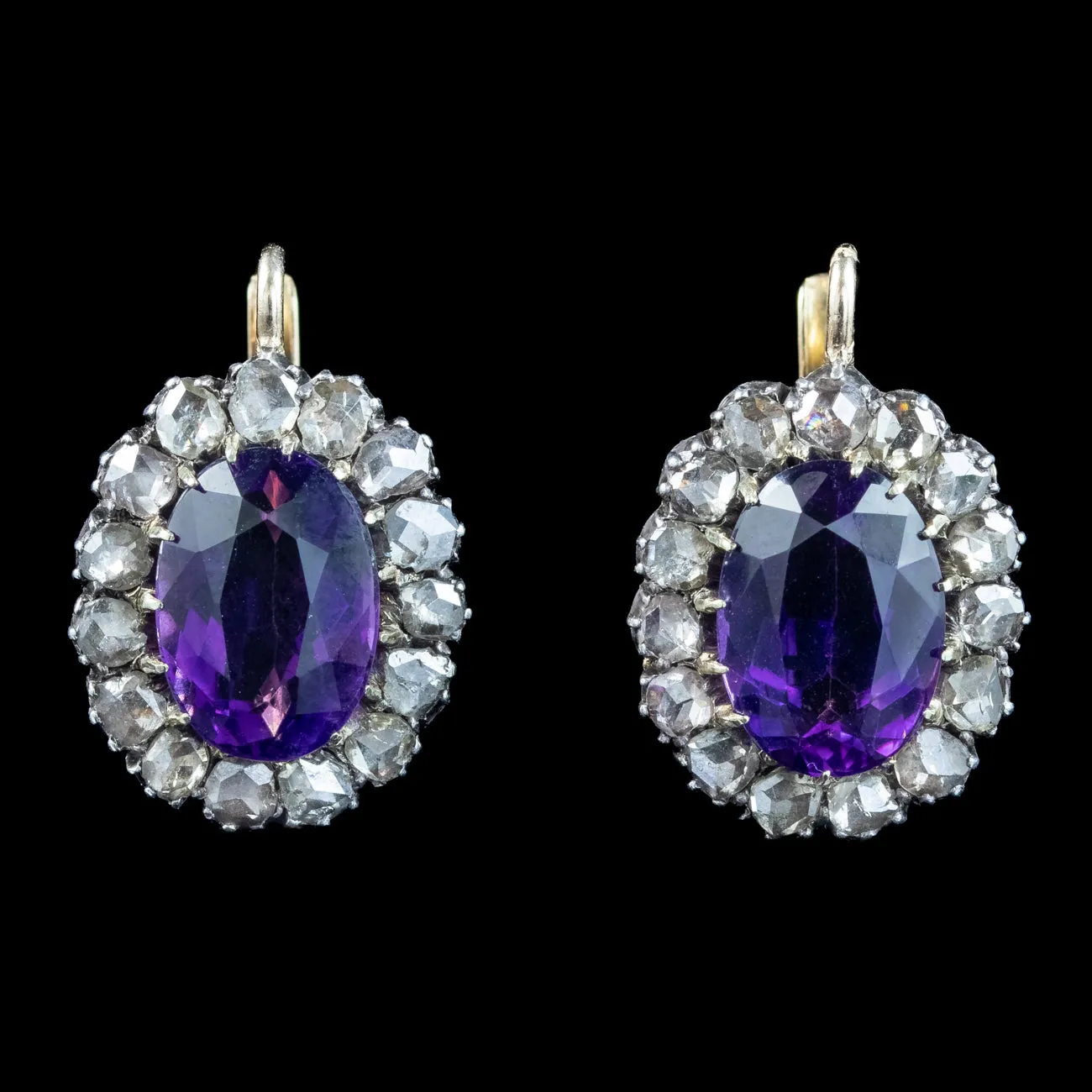 Antique Victorian Amethyst Diamond Cluster Earrings 18ct Gold