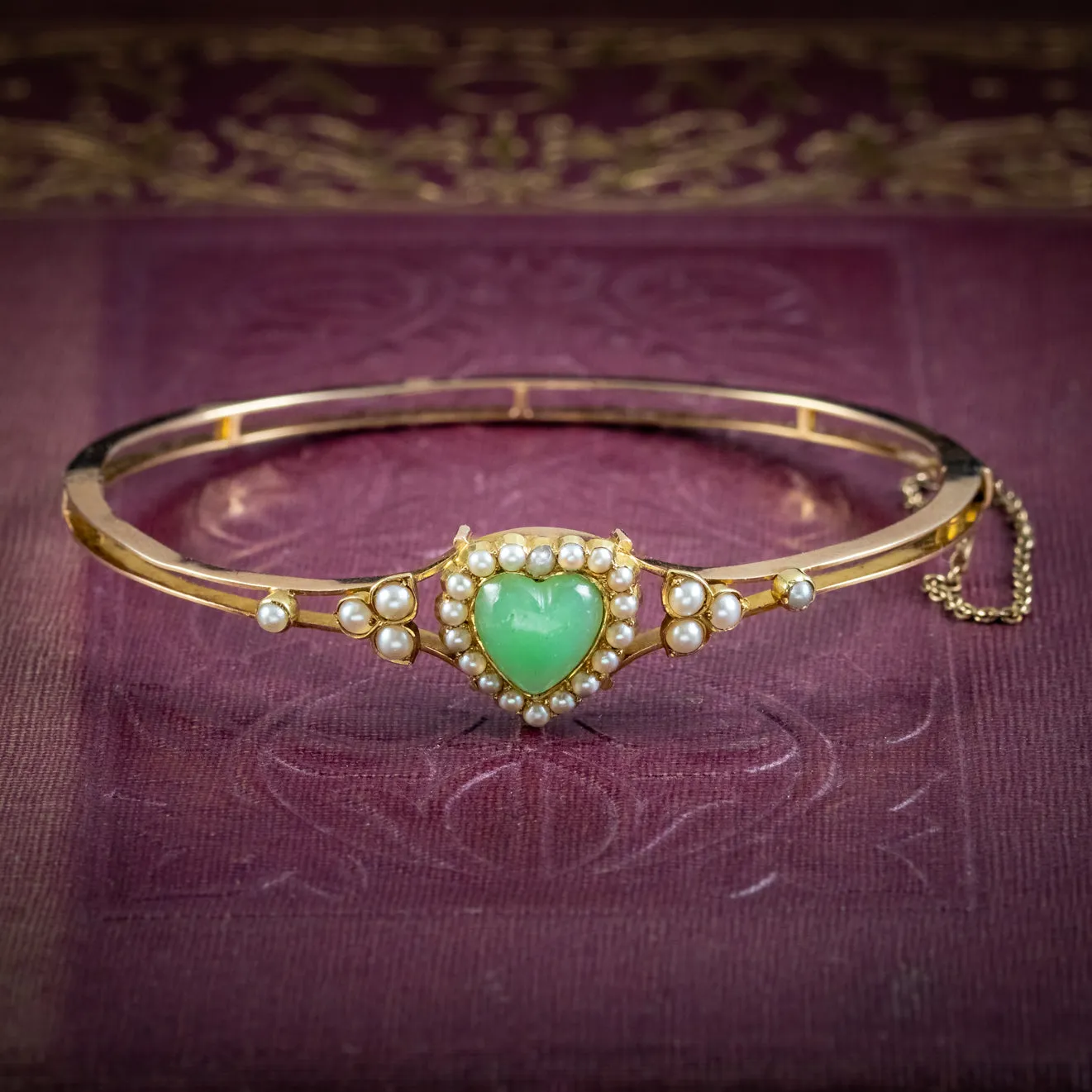 Antique Victorian Chalcedony Pearl Heart Bangle 18ct Gold Circa 1900