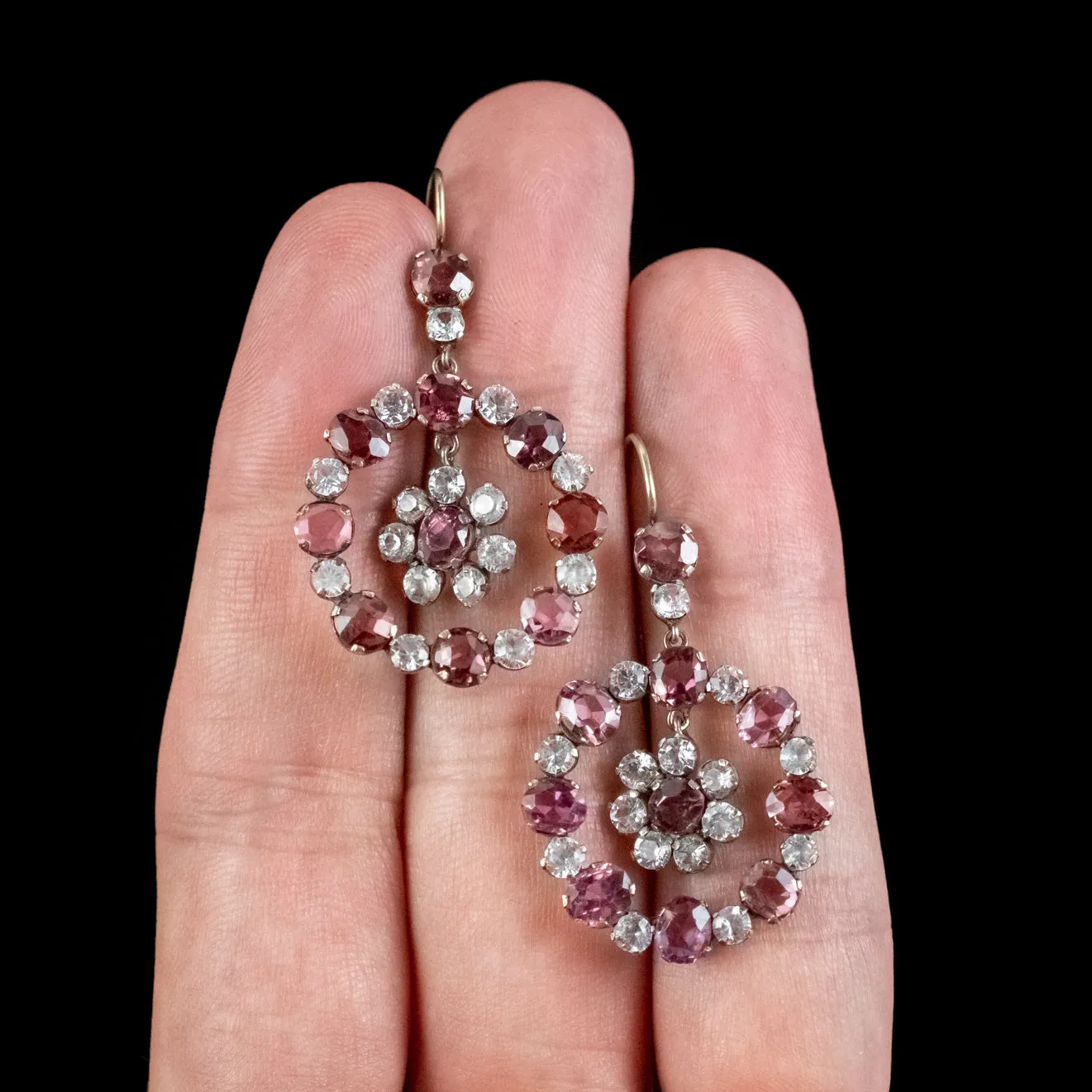 Antique Victorian Garnet White Sapphire Drop Earrings Circa 1860