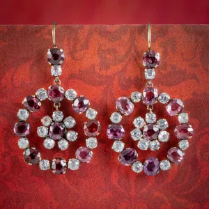 Antique Victorian Garnet White Sapphire Drop Earrings Circa 1860