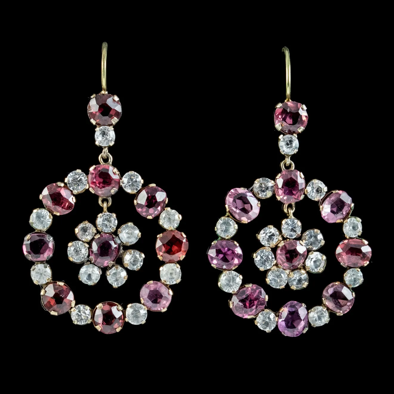 Antique Victorian Garnet White Sapphire Drop Earrings Circa 1860