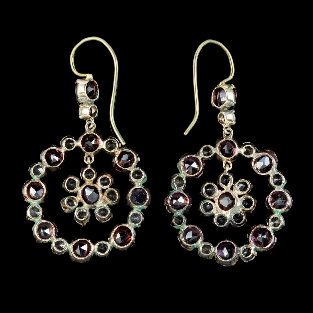 Antique Victorian Garnet White Sapphire Drop Earrings Circa 1860