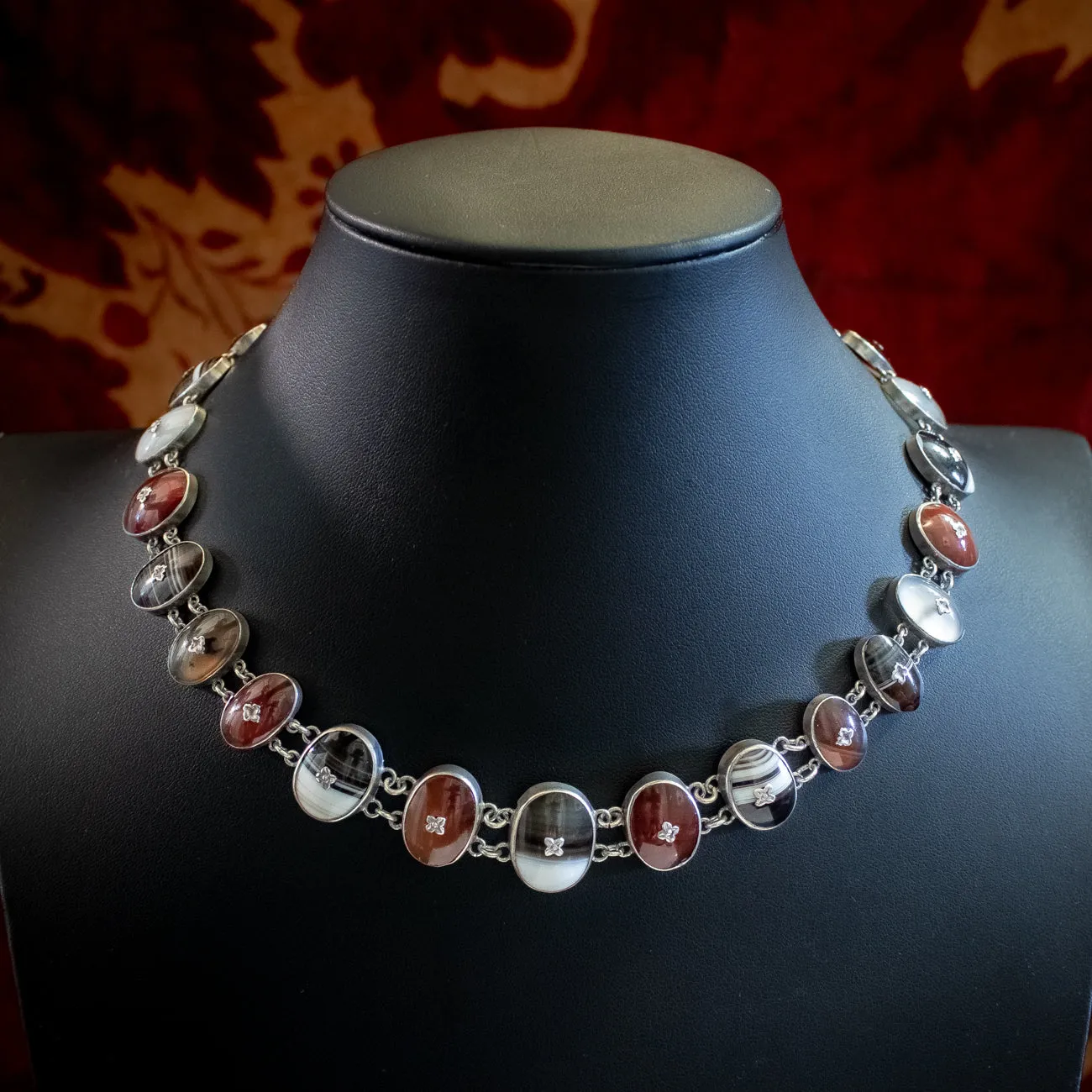 Antique Victorian Scottish Agate Riviere Necklace Silver