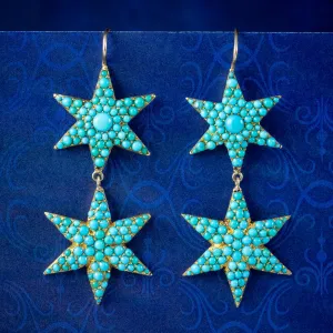 Antique Victorian Turquoise Star Drop Earrings 15ct Gold