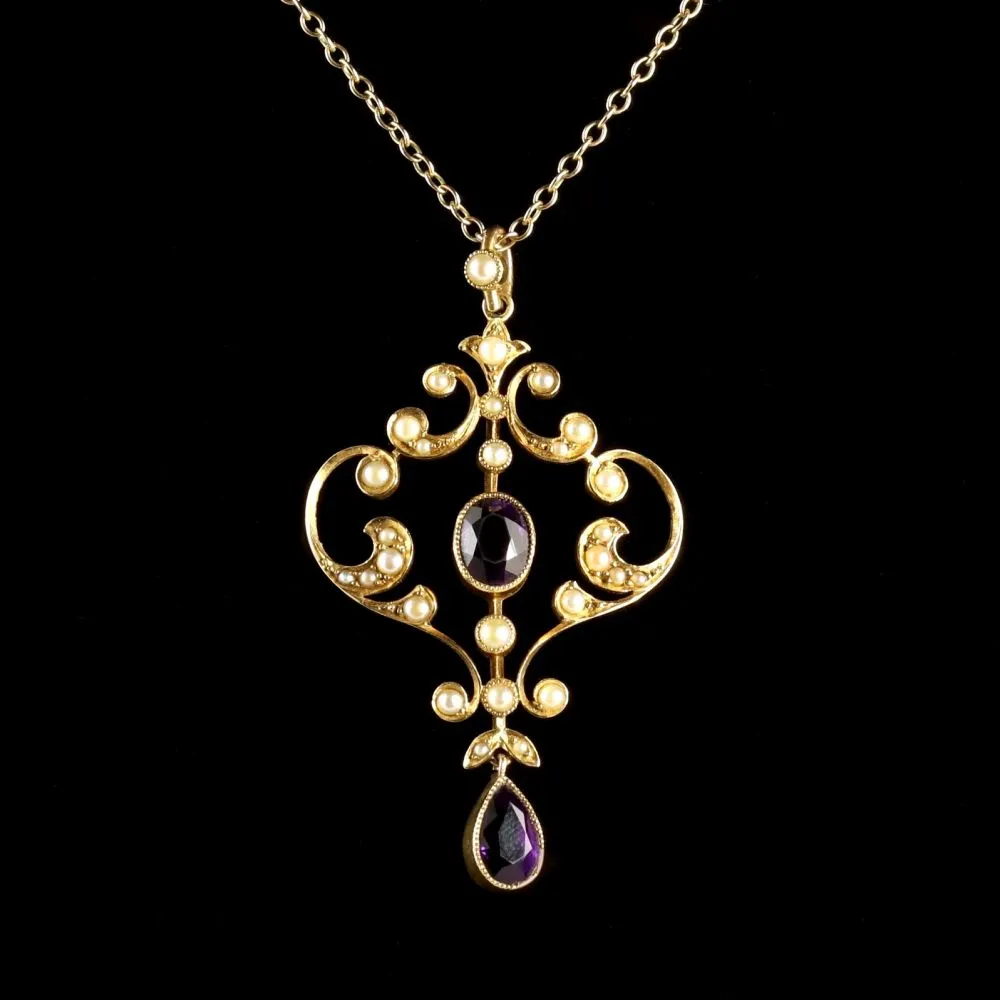 Antique Gold Amethyst Pendant And Chain 15Ct Gold