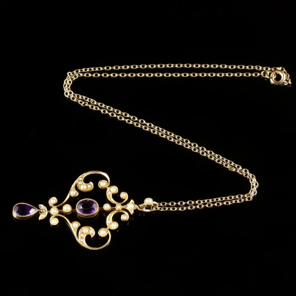 Antique Gold Amethyst Pendant And Chain 15Ct Gold