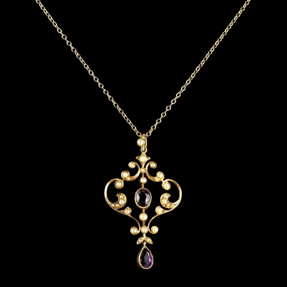 Antique Gold Amethyst Pendant And Chain 15Ct Gold