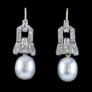 Art Deco Diamond Silver Pearl Drop Earrings 18Ct Gold Circa 1920