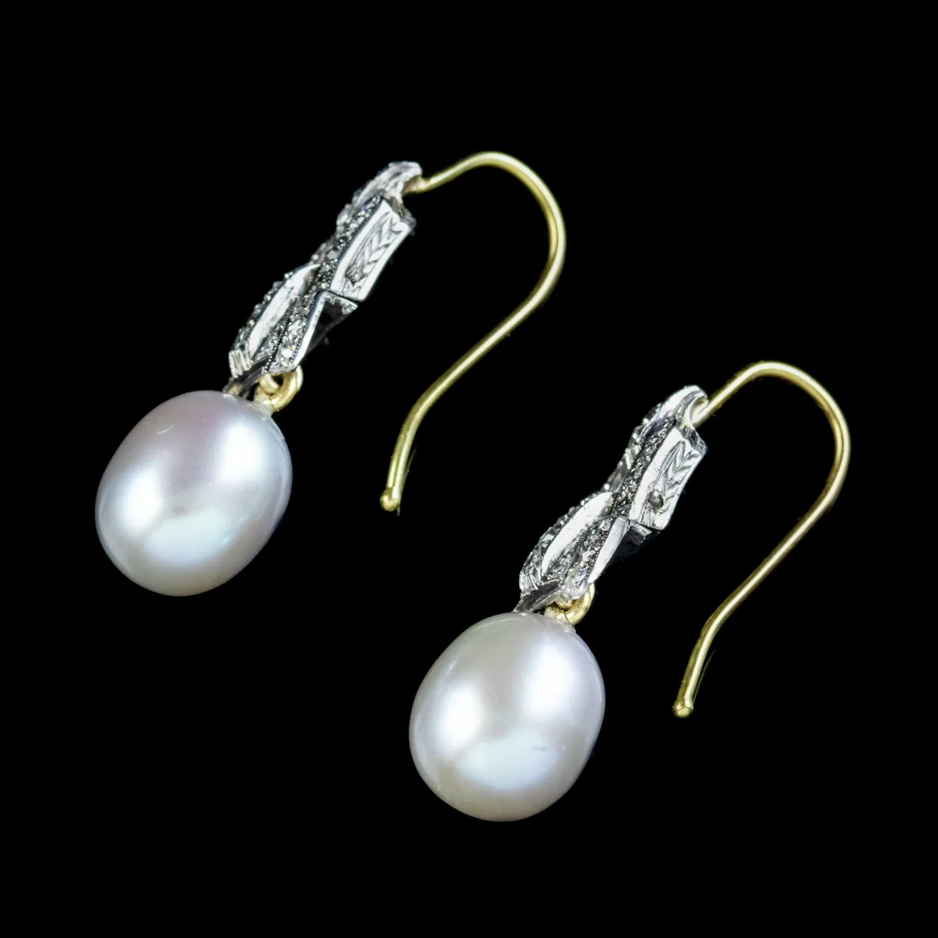 Art Deco Diamond Silver Pearl Drop Earrings 18Ct Gold Circa 1920