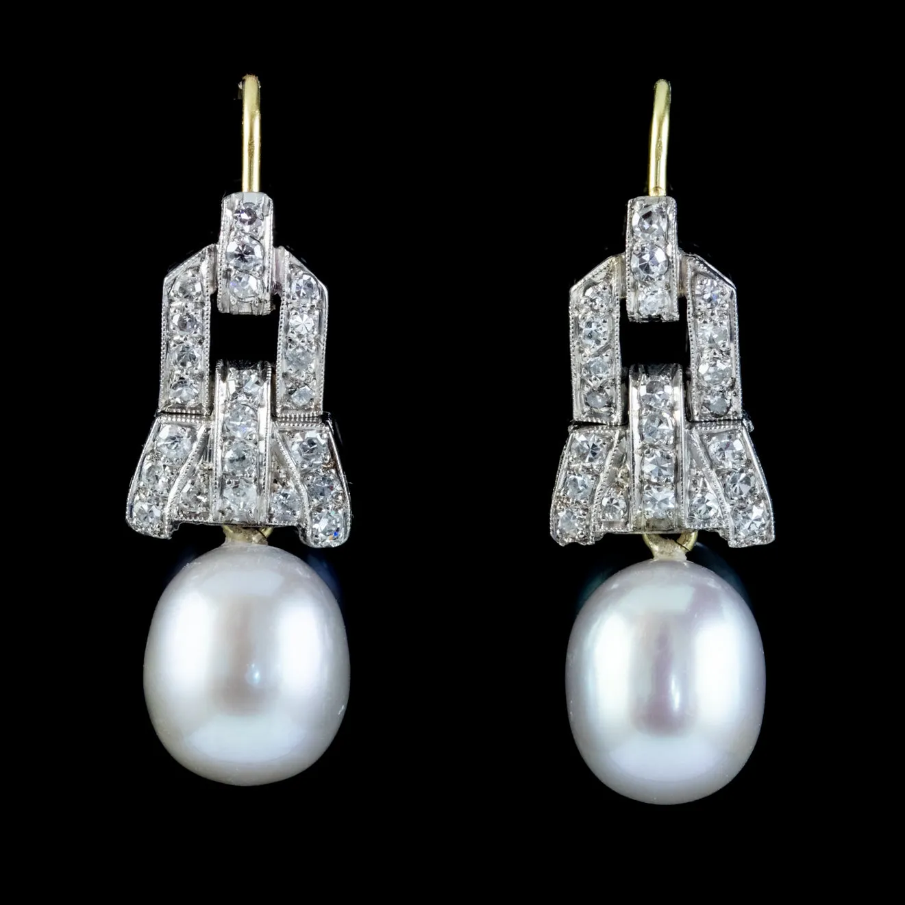 Art Deco Diamond Silver Pearl Drop Earrings 18Ct Gold Circa 1920