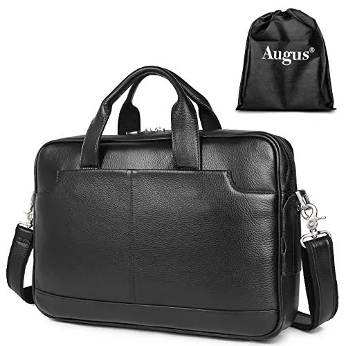 Augus Genuine Full Grain Leather Laptop Briefcase for Men 15.6 Inch