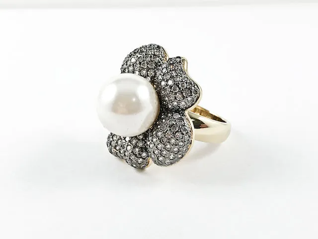 Beautiful Fancy Flower Design With Elegant CZ & Center Pearl Brass Ring