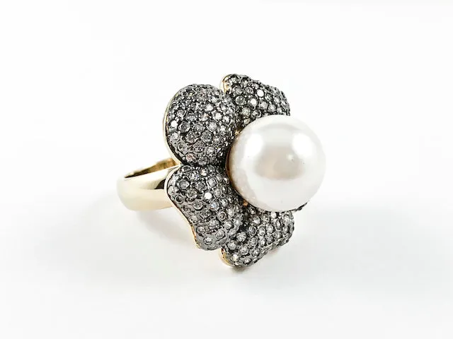 Beautiful Fancy Flower Design With Elegant CZ & Center Pearl Brass Ring